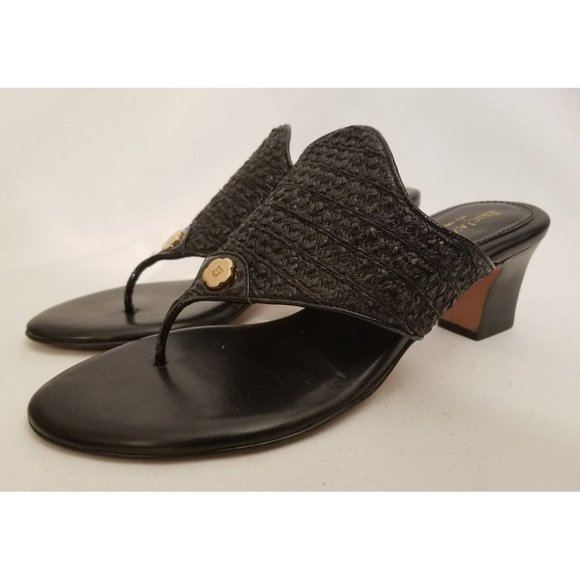 Eric Javits Bula Braid Thong Sandals Black Leather Woven Raffia Size 10 EUC - Picture 1 of 7